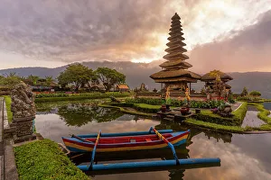 Bali Prints: View of Ulun Danu Beratan temple on Lake Bratan at sunrise