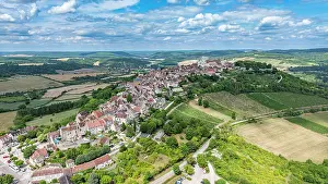 Vezelay Prints: View of the UNESCO site Vezelay Abbey on the hilltop with surrounding countryside in France