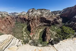 View of the valley floor from Angels Landing Trail in Zion National Park, Utah