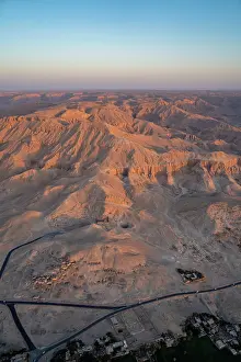 Burial Prints: View of Valley of the Kings from hot air balloon over Luxor at sunrise