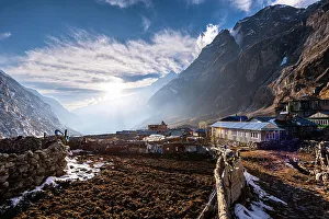 View on the vast Valley during sunset in Lang Tang Village, a high altitude village on the Lang Tang Valley Trek, Himalayas, Nepal, Asia