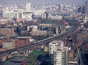 View over Vauxhall with Eurostar and other trains approaching Waterloo station