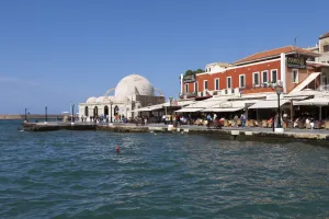 Images Dated 25th April 2008: View over Venetian Harbour to Mosque of the Janissaries, Chania (Hania), Chania region, Crete