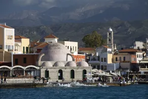 Images Dated 25th April 2008: View over Venetian Harbour to Mosque of the Janissaries, Chania (Hania), Chania region, Crete
