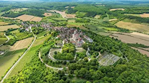 Small Prints: View of Vezelay and its Abbey from above showcasing historical architecture in a lush landscape in France