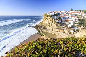 Sintra Prints: Top view of the village of Azenhas do Mar with the ocean waves crashing on the cliffs