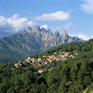 South Corsica Prints: View over village and Bavella Mountains, Zonza, South Corsica, Corsica, France, Europe