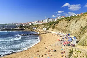 Mafra Prints: Top view of the village of Ericeira with the ocean waves crashing on the touristic sandy beach