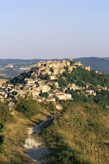 Tarn Prints: View to village from hillside path, Cordes-sur-Ciel, Tarn, Midi-Pyrenees, France, Europe