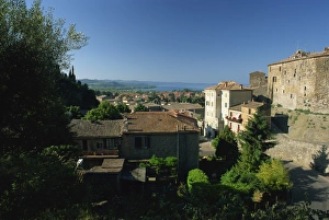 Bolsena Prints: View over village rooftops to Lake Bolsena