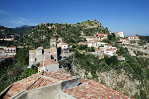 Settlement Prints: View over village used as set for filming The Godfather, Savoca, Sicily, Italy, Europe