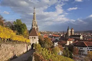 View from vineyards to Esslingen with St. Dionys church and Frauenkirche church, Esslingen