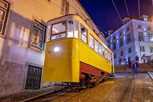 Ride Prints: View of vintage Gloria Funicular at dusk, hilltop tram ride, Lisbon, Portugal, Europe