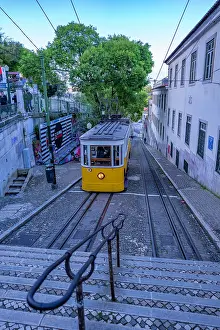 Ride Prints: View of vintage Glória Funicular, hilltop tram ride, Lisbon, Portugal, Europe