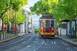 Alfama Prints: View of vintage tram and colourful buildings in the Alfama District on a sunny day