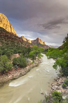 View down the Virgin River to the Watchman, Zion National Park, Utah, United States
