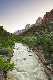 View down the Virgin River to the Watchman, Zion National Park, Utah, United States