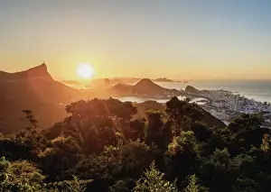 Typically Brazilian Prints: View from Vista Chinesa over Tijuca Forest towards Rio de Janeiro at sunrise, Brazil