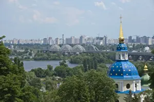 Kiev Prints: View of Vydubychi Monastery, looking over the Dnipro River to the residential area of Berezniaky