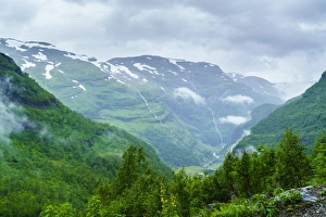 A view of waterfalls and forest from the Flam Railway, Flamsbana, Flam, Norway, Scandinavia
