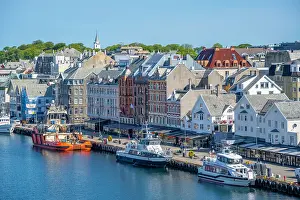 Recreational Prints: View of waterside architecture in Haugesund from Risøy Bridge on a sunny day