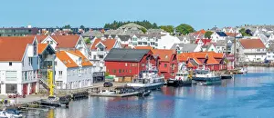 Scandinavian Prints: View of waterside architecture in Haugesund from Risøy Bridge on a sunny day