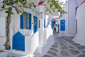 Roads Prints: View of whitewashed narrow street, Mykonos Town, Mykonos, Cyclades Islands, Greek Islands