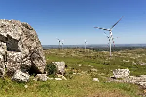 Sustainable Prints: View of wind power turbines in the Sierra de las Animas hills in Maldonado department