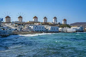 Windmills Prints: View of the windmills in Mykonos Town, Mykonos, Cyclades Islands, Greek Islands