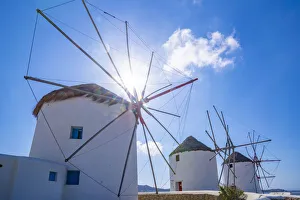 View of windmills, Mykonos Town, Mykonos, Cyclades Islands, Greek Islands, Aegean Sea