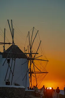 Windmills Prints: View of windmills at sunset, Mykonos Town, Mykonos, Cyclades Islands, Greek Islands