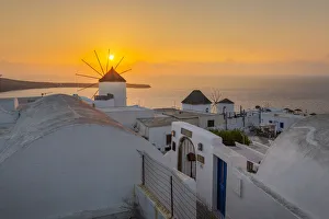 White Washed Prints: View of windmills at sunset in Oia village, Santorini, Aegean Island, Cyclades Island