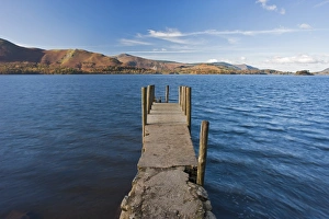 View along wooden jetty at Barrow Bay landing, Derwent Water, Lake District National Park View along wooden jetty at Barrow Bay landing, Derwent Water, Lake District National Park