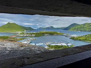 Dutch Prints: View from World War II bunker in Dutch Harbor showing coastal landscape and port activity in Alaska