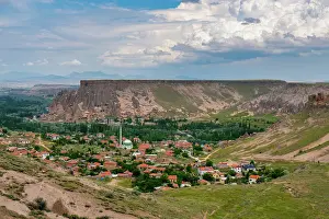 Settlement Prints: View of Yaprakhisar village in Cappadocia region of Turkey with surrounding mountains and valley