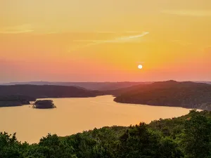 Destinations Prints: View of Yaxha Lake at sunset from Temple 216 in East Acropolis