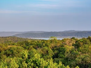 Sights Prints: View of Yaxha Lake from Temple 216 at East Acropolis during sunset in Guatemala