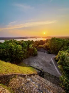 Acropolis Prints: View towards Yaxha Lake from Temple 216 at East Acropolis at sunset in Yaxha Archaeological Site