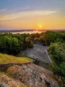 Hour Prints: View of Yaxha Lake from Temple 216 at East Acropolis during sunset in Yaxha Archaeological Site