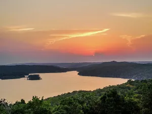 Social Prints: View of Yaxha Lake from Temple 216 at sunset in Yaxha Archaeological Site, Guatemala
