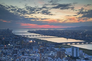 Kansai Prints: View of Yodo River and Osaka Bay at sunset, Osaka, Kansai, Japan, Asia