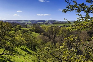 View towards Youlgreave from the slopes of Lathkill Dale in spring, Peak District National Park, Derbyshire, England, United Kingdom, Europe