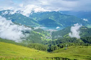 Visibility Prints: View of Zell am See from Schmittenhohebahn top station on a sunny day in Salzburg, Austria