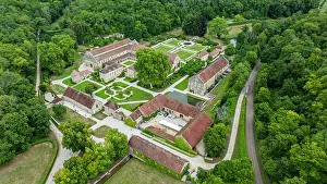 Preservation Prints: Viewing the Abbey of Fontenay from above, showcasing the layout and gardens in France