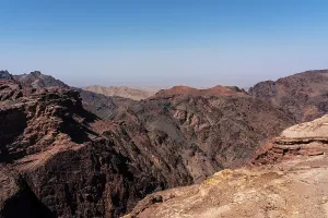 Jordan Prints: Views of Edom mountains from high ground near Petra in Jordan showcase varying rock formations and distant landscapes