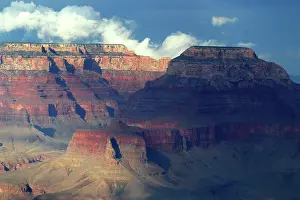 Cliffsides Prints: Views of Grand Canyon from South Rim show rock formations and cloud coverage in Arizona landscape during daylight hours