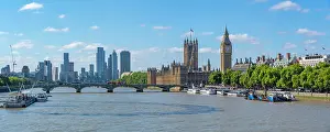 Westminster Prints: Views of the Houses of Parliament and Big Ben from Golden Jubilee Bridge during summer in Westminster