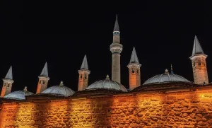 Soldiers Prints: Views of Independence War Martyrs Monument in Konya Turkey at night with illuminated architecture details