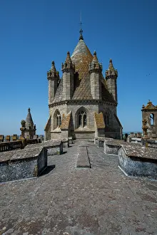 Significance Prints: Views from the roof of a historic cathedral in Evora, Portugal with clear blue sky above