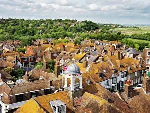 Sights Prints: Views of rooftops from St Marys Church show the town of Rye and surrounding landscape in East Sussex